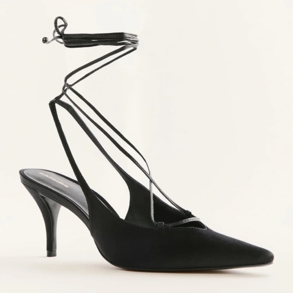 Reformation ‘Carmella’ Black Satin Slingback Strappy Kitten Heels Size 7